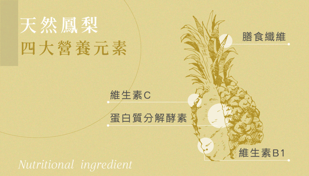 鳳梨擁有膳食纖維、蛋白質分解酵素、維生素C及維生素B1等天然有效的成分可以促進消化，告別消化困擾。